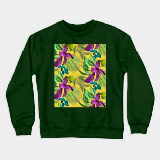 Blooming tropical flowers and leaves pattern floral illustration, yellow tropical pattern over a Crewneck Sweatshirt